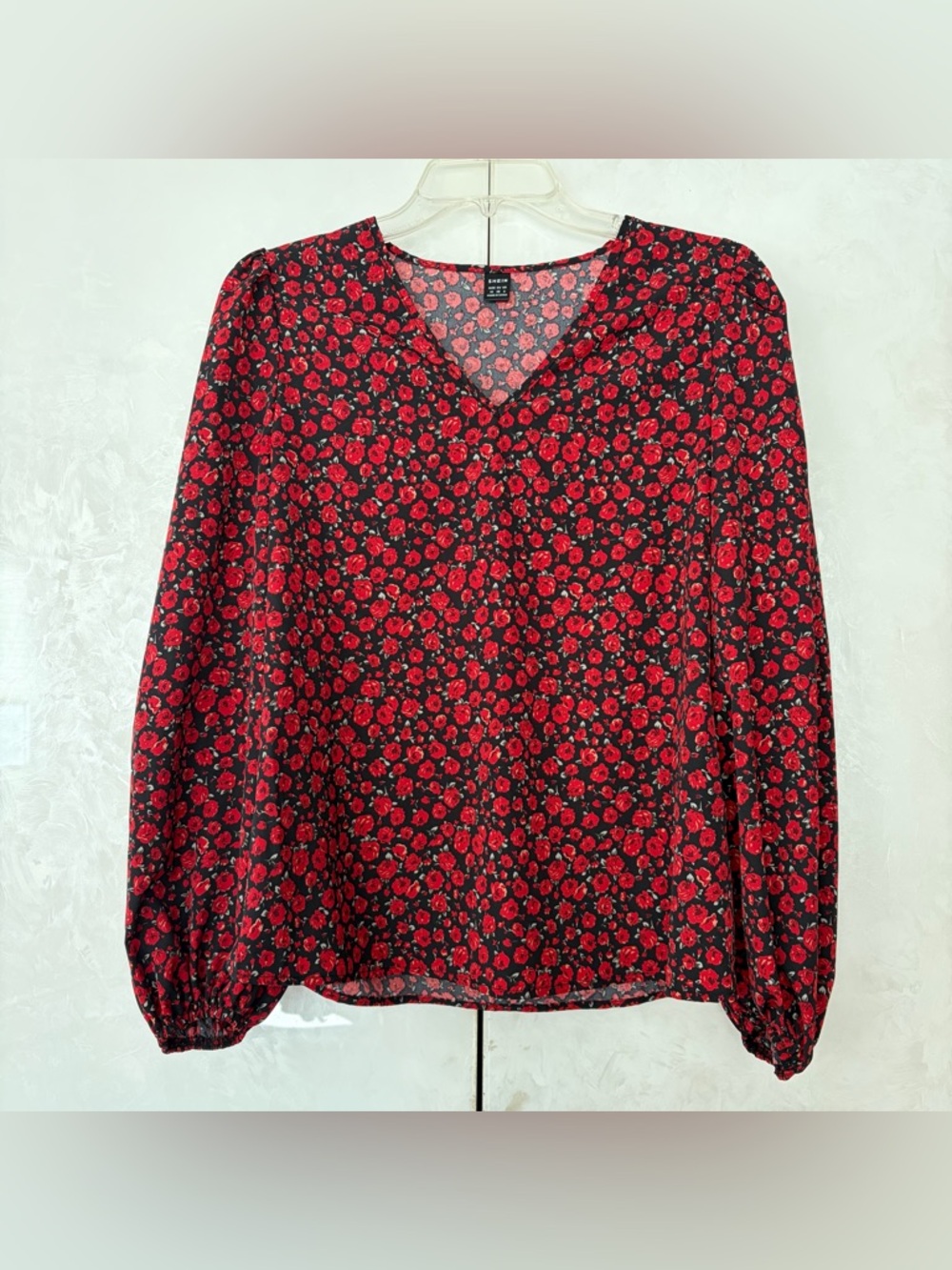 SHEIN Red Rose Print V-Neck Long Sleeve Blouse
